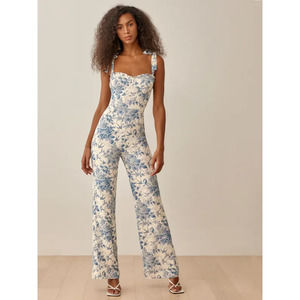 Reformation Jumpsuit 4 White Blue Floral Alfred Pompadour Straight Leg